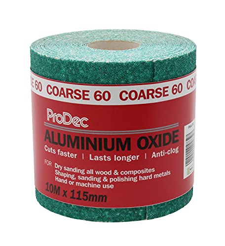 ProDec 10 m Rolle, grob, grünes Aluminiumoxid-Schleifpapier mit Körnung 60 zum Schleifen von Holz, Farbe, Putz, Spachtelmasse, Metall & mehr; Schleifpapier, kompatibel mit Maschinenschleifern von ProDec