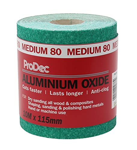 ProDec 10 m Rolle, mittlere, grünes Aluminiumoxid-Schleifpapier mit Körnung 80 zum Schleifen von Holz, Farbe, Putz, Spachtelmasse, Metall & mehr; Schleifpapier, kompatibel mit Maschinenschleifern von ProDec