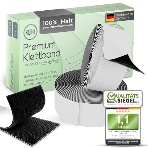 ProUnit® Premium Klettband selbstklebend Extra Stark u. Extra Breit (5m x 50mm, Schwarz) – Innovatives Haken- & Flauschband für sicheren Halt | Vielseitig einsetzbar im Haushalt, in der Werkstatt von ProUnit