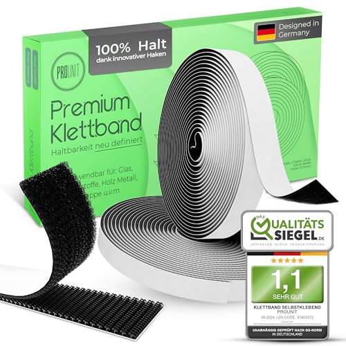 ProUnit© Klettband selbstklebend extra stark (5m x 20mm, Schwarz) – Innovatives Haken- & Flauschband für sicheren Halt | Vielseitig einsetzbar im Haushalt, in der Werkstatt & für DIY-Projekte! von ProUnit