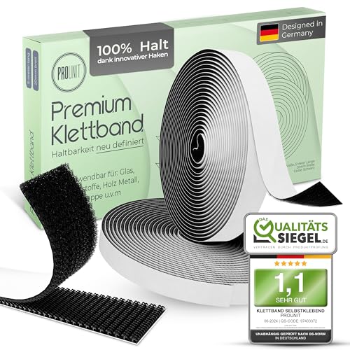 ProUnit® Klettband selbstklebend Extra Stark (5m x 20mm, Schwarz) – Innovatives Haken- & Flauschband für sicheren Halt | Vielseitig einsetzbar! von ProUnit