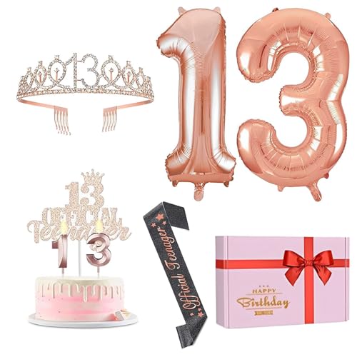 13. Geburtstag Mädchen Deko, Rose Gold 13. Geburtstag mädchen Krone und Schärpe, Roségold Luftballons 13, Tortendeko Geburtstag und Kerzen für 13 Jahre Mädchen Geburtstag Deko Geschenk von Probuk