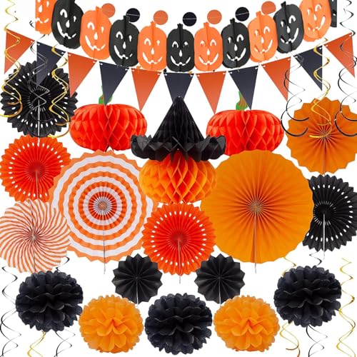 33pcs Halloween Party Deko Festival Set, Party Dekoration Papier Pompoms, Pompons Deko, Orange AufhäNgen FäCher, Seidenpapier Pompoms, PapierfäCher für Halloween Garten Innen Heimdekoration von Probuk