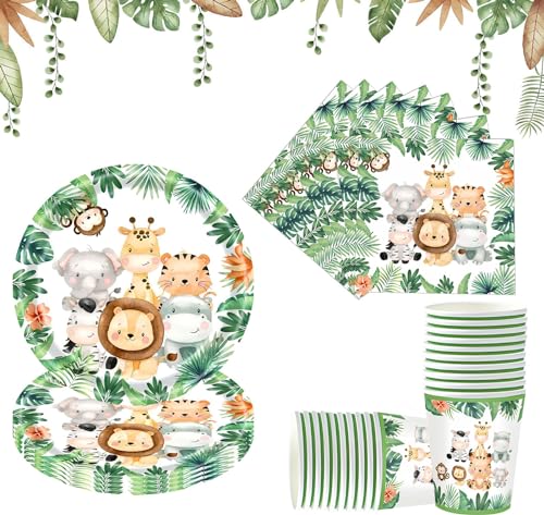 Dschungel Safari Partygeschirr Set,Tier-Geburtstagparty Geschirr für 20 Gäste,Dschungel Geburtstag Dekoration Partygeschirr mit Grun Tiere Papier Teller Tassen Servietten,für Junge Mädchen Baby Shower von Probuk