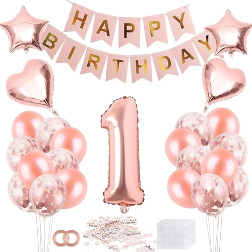 Geburtstag Deko Mädchen, 1. Geburtstag Dekorationen Rosegold, Deko 1. Geburtstag Mädchen, Konfetti 1 Geburtstag mit Herz-Sternen-Ballon, Geburtstagsdeko für Mädchen Kinder, für Geburtstagspartys von Probuk