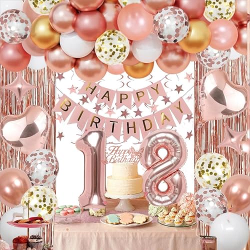 Deko 18 Geburtstag Mädchen, Roségold Geburtstag Party Dekorationen 18th mit Happy Birthday Banner, 18 Geburtstagsdeko Luftballon Girlande Party Deko für Frauen Königin Prinzessin Geburtstag Party von Probuk