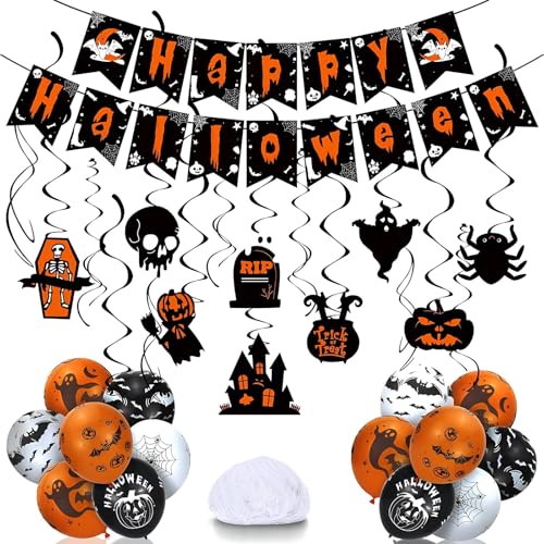 Halloween Party Deko Set, Happy Halloween Banner, Halloween Dekoration Kinderparty mit Halloween Latexballons,Hängende Spiralen, Fledermäuse, Spinnennetz, Halloween Indoor Outdoor Hängedeko für Kinder von Probuk