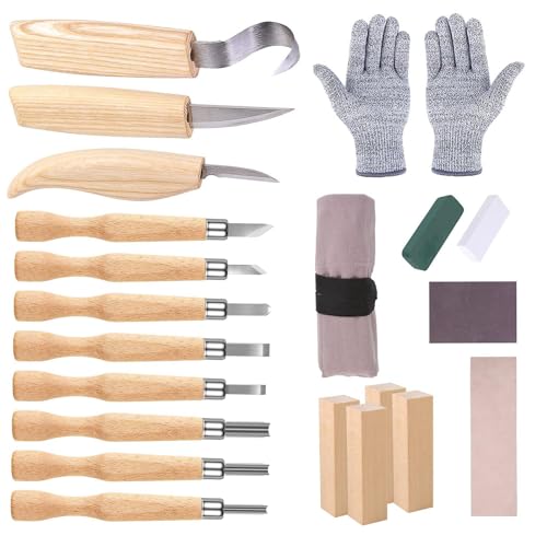 Holz Schnitzwerkzeug Set, 21 in 1 Schnitzset für Erwachsene, Holzschnitzerei Werkzeuge Set für Löffelschnitzen, Carving DIY Schnitzset mit Schnittfeste Handschuhe Für Anfänger Und Profis von Probuk