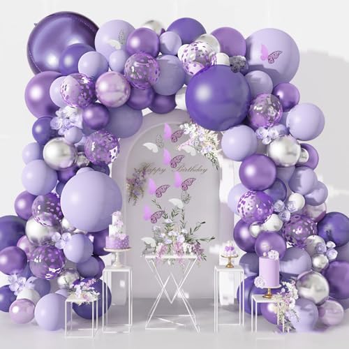 Luftballons Lila Girlande Set, 145 Stück Lila Luftballons, Lila Ballon Kit, Metallic WeißE Lila Konfetti Ballons mit Schmetterling Aufklebern, Geeignet für Geburtstag, Babyparty, Hochzeitsdekoration von Probuk