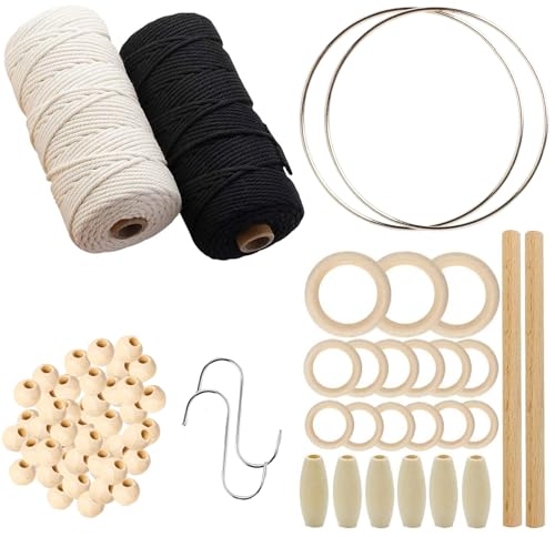 Makramee Set,DIY Set Erwachsene,DIY Macrame Bastelset,Makramee Set AnfäNger,Makramee ZubehöR:Perlen,Haken,Makramee-Seil,HolzstäBchen,Holzringe,FüR Zelt,Garten, DIY Handwerk Schmuckherstellung von Probuk