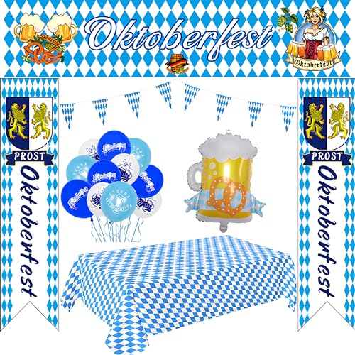 Oktoberfest Party Deko Set, Bayrische Wiesn Dekoratio, Oktoberfest deko mit 15 Latexballon Blau Weiß Dreieck Banner, Karierte Tischdecke, Bayrische Deko für Bierzelten Bier Festival München,Grillparty von Probuk