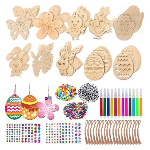 Probuk HolzanhäNger Zum Bemalen,Ostern Basteln Holz,Streudeko,264pcs Diy Basteln Zum Bemalen,Mit 60 Schnur,12 Aquarellstift,60-Teilige Diy-HolzanhäNger,Osterhase Ostereier KüKen,FüR Osterdekorationen von Probuk