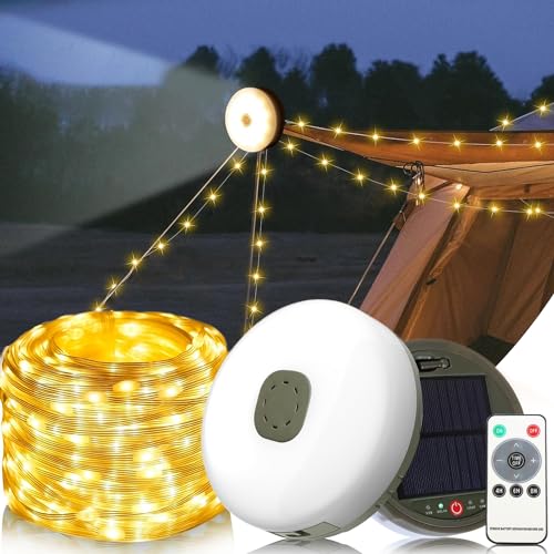 Probuk Solar Lichterkette Aussen 10M, 3600mAh Solar Camping Lichterkette Außen, USB Wiederaufladbare Camping Lichterkette Aufrollbar mit Fernbedienung, LED Outdoor Camping Lichterkette für Camping von Probuk