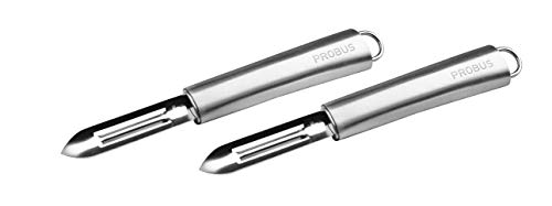 Probus Sparschäler-Set, Zwei Universal-Schäler 19 cm aus Edelstahl mit ergonomischem und abgerundetem Griff, scharfe Klinge, spülmaschinengeeignet, aufhängbar, Menge: 1 x 2er-Set, silber von Probus