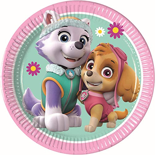 Procos 10067625 90275 - Partyteller Paw Patrol, Skye & Everest, 8 Stück, Durchmesser 20 cm, Pappteller, Teller, Einweggeschirr, Helden auf vier Pfoten, Tischdekoration, Rosa, Grün von Procos