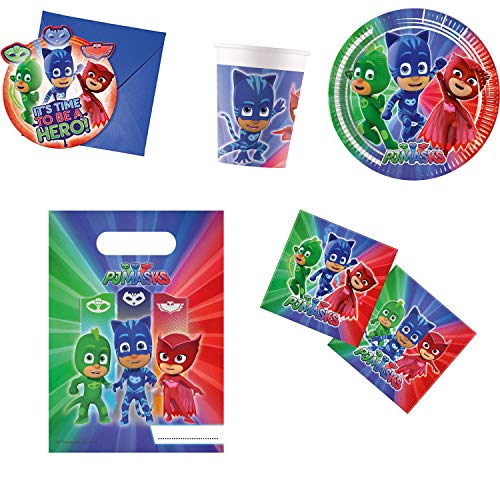 Procos 10117003 - Partyset PJ Masks, 48-teilig, 8 Teller, 8 Becher, 20 Servietten, 6 Partytüten, 6 Einladungen mit Umschlag von Procos