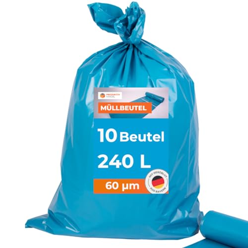 Müllsäcke 10 Stück - 1 Rolle | 240l stabile extra große blaue Müllbeutel | Abfallsack 60µm stark | 100% Recyclinganteil | reißfest & wasserdicht von Produktiv Handel