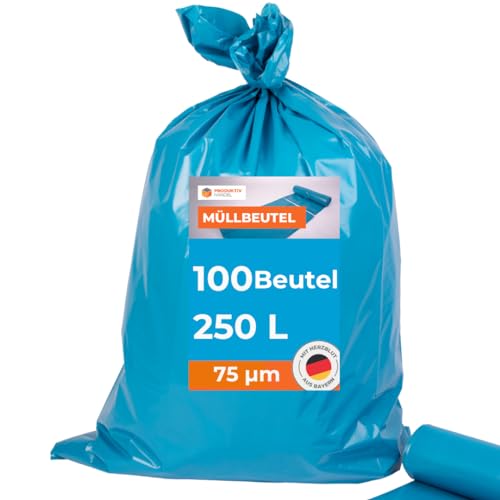 Müllsäcke 100 Stück - 10 Rollen | 250l extra große starke blaue Müllbeutel | große stabile Abfallsäcke 75µm | 100% Recyclinganteil | sehr reißfest & wasserdicht von Produktiv Handel