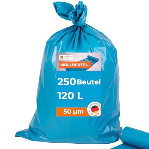 Müllsäcke 250 Stück - 10 Rollen | 120l Stabile blaue Müllbeutel | Abfallsack 50µm stark | 100% Recyclinganteil | reißfest & wasserdicht von Produktiv Handel