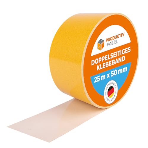 Produktiv Handel Doppelseitiges Klebeband 1 Rolle | starkes Teppich Klebeband 25m x 50mm | zum Verlegen von Teppich & PVC-Belag | doppelseitig klebendes Verlegeband von Produktiv Handel