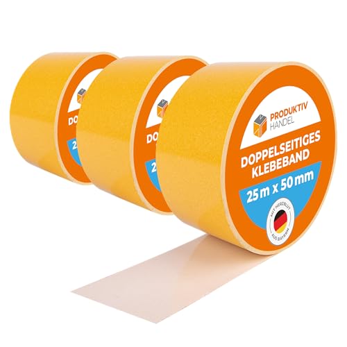 Produktiv Handel Doppelseitiges Klebeband 3 Rollen | starkes Teppich Klebeband je 25m x 50mm | zum Verlegen von Teppich & PVC-Belag | doppelseitig klebendes Verlegeband von Produktiv Handel