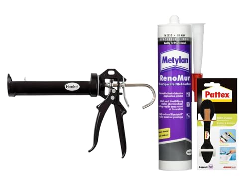 Metylan Spachtel RenoMur, für exakte Anstrichkanten, nach Hautbilldung rissfrei überstreichbar, Weiß (1x300g) & Pattex Profi Metall Kartuschenpistole & Pattex Glätt-Cutter von Profi