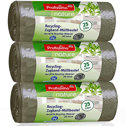 Nature Recycling Zugband Müllbeutel - 25 Liter (60 Stück) - aus 80% Recycling Material - 3er Pack (3x20 Stück) -"Blauer Engel" Zertifikat von Profissimo