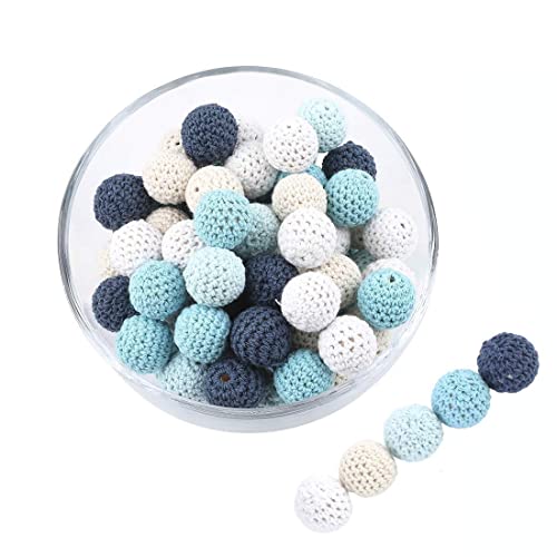 Promise Babe 16mm 40 PC Erwachsene Bunt Blau Runde Gehäkelt Holzperlen mit Loch zum Auffädeln, Handgefertigt Natur Holzkugeln DIY Schmuck Halskette Armband Selber Machen Basteln Crocheted Wooden Beads von Promise Babe