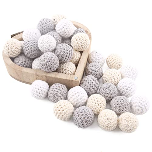 Promise Babe 20mm 10 PC Erwachsene Bunt Grau Beige Runde Gehäkelt Holzperlen mit Loch zum Auffädeln, Handgefertigt Holzkugeln DIY Schmuck Halskette Armband Selber Machen Basteln Crocheted Wooden Beads von Promise Babe