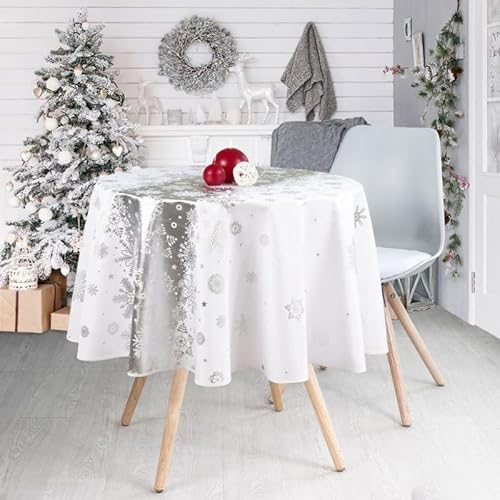 Bettwäsche Weihnachts-Tischdecke, silberfarben, rund, 160 cm – Schnee von Promo Linge