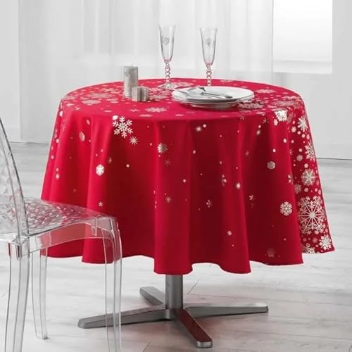 Promo Linge Weihnachts-Tischdecke, rund, schmutzabweisend, 180 cm – Sternbild Silber – Rot von Promo Linge