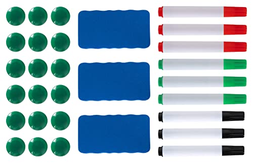 Pronomic WBA-6090 Whiteboard Zubehör 3x Set - 9 Marker Stifte in Rot, Grün und Schwarz, 3 Schwamm Radierer und Wischer, 18 Haft-Magnete von Pronomic