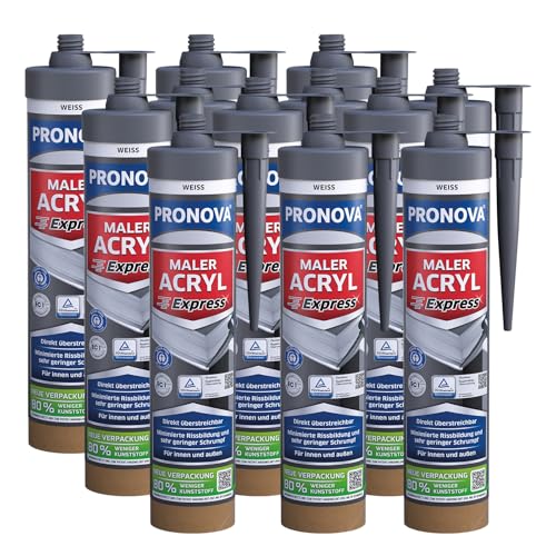 Pronova Premium Maleracryl Weiß Innen Außen - Acryl Weiß Maleracryl - Schnelle Trocknung, Direkt Überstreichbar, Haftstark - Ideal für Fugen & Rissfüller - Silikonfrei, Emissionsarm 280ml (12) von Pronova