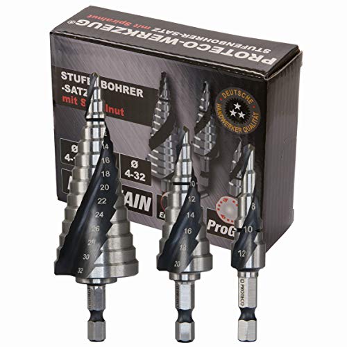 Proteco-Werkzeug® HSS Titan TIN TiALN Profi Stufenbohrer Konusbohrer Schälbohrer Metallbohrer Set 3-tlg. mit Schnellspannschaft für Bohrmaschinen von Proteco-Werkzeug