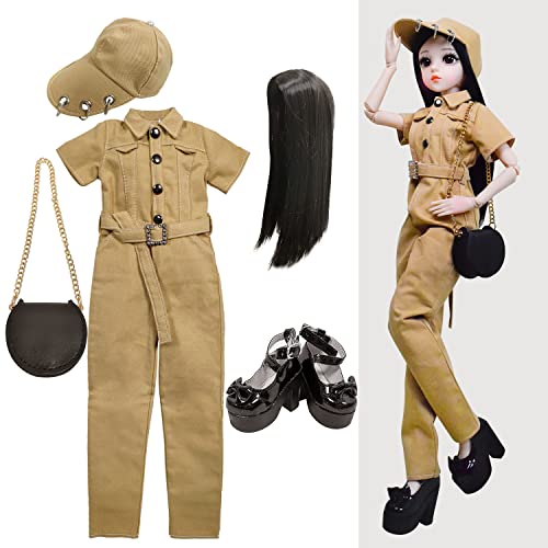 Proudoll 1/3 BJD Puppe Kleidung Outfit Set Handgefertigte stilvolle Khaki Jumpsuit, Kappe, Perücke, Ledertasche und High Heel, kompatibel mit 1/3 60cm 24in SD Puppen von Proudoll