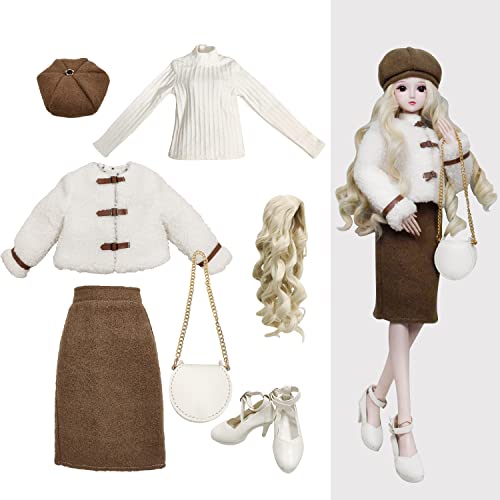 Proudoll 1/3 BJD Puppe Kleidung Outfit Set Handmade stilvolle Fuzzy Bär Jacke, Beret, Kleid, Langarmshirt, Perücke, Ledertasche für High Heels, kompatibel mit 1/3 60cm 24in SD Puppen von Proudoll