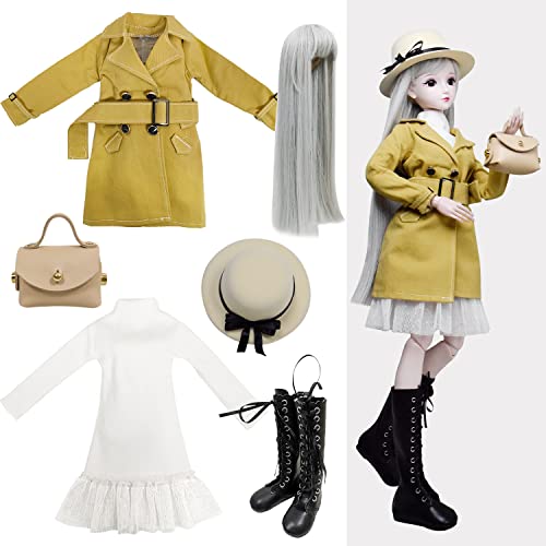 Proudoll 1/3 BJD Puppe Kleidung Outfit Set Handmade stilvolle Khaki Mantel, Hut, Kleid, Perücke, Ledertasche und Stiefel, kompatibel mit 1/3 60cm 24in SD Puppen von Proudoll