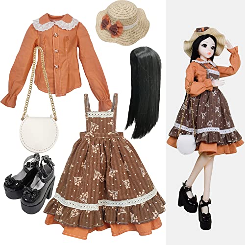 Proudoll 1/3 BJD Puppe Kleidung Outfit Set für handgefertigte stilvolle braune Floral Strap Kleid, Bluse, Hut, Perücke, Crossbody Tasche und High Heel, kompatibel mit 1/3 60cm 24in SD Puppen von Proudoll