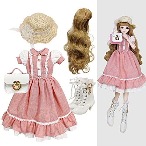 Proudoll 1/3 BJD Puppe Kleidung Outfit Set mit handgefertigten stilvollen rosa Kleid, Hut. Handtasche und Stiefel, kompatibel mit 1/3 60cm 24in SD Puppen von Proudoll