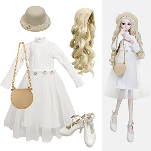 Proudoll 1/3 BJD Puppe Kleidung Outfit Set mit handgefertigten stilvollen weißen Kleid, Hut, Perücke, Ledertasche Schuhe, kompatibel mit 1/3 60cm 24in SD Puppen von Proudoll