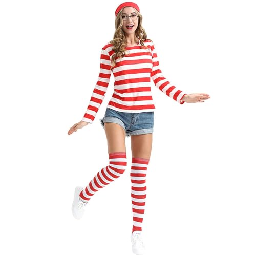 Proypiax Kostüm Für Damen, Zylinderhut, Brille, Socken, Kostüm-Set, Rot-weißes Oberteil Halloween Cosplay Party Kostüm Outfit Für Erwachsene von Proypiax