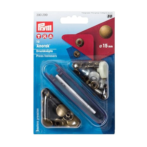 Prym 15mm No-Sew Snaps with Fastener, 10 Sets 390299 Nähfrei-Druckknopf Anorak Messing 15 mm altmessing, Metall von Prym