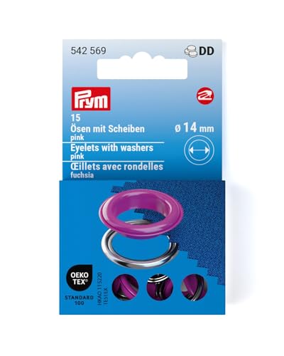 Prym 542569 542542 Ösen mit Scheiben, 11 mm, rot/silberfarbig, vearbeitbar mit dem Vario Creative Tool, pink, Ø 14 mm, 15 von Prym