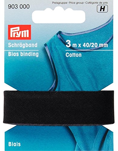 Prym 903000 Schrägband Baumwolle, schwarz, 100% CO, 20 mm Falzung: 40/20 mm | 3 m von Prym