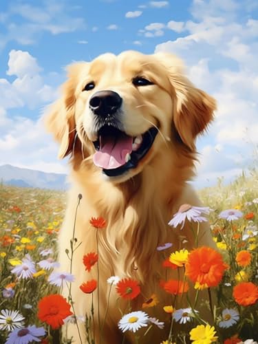 Pskgbxmu Vorgedruckt Kreuzstich Set Blume Golden Retriever 11CT AnfäNger Kreuzstich Stickpackungen Stickbild Set für für Wandkunst-Heimdekoration 40x50 cm von Pskgbxmu