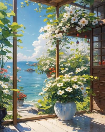 Pskgbxmu Vorgedruckt Kreuzstich Set Blumenhaus am Meer 11CT AnfäNger Kreuzstich Stickpackungen Stickbild Set für für Wandkunst-Heimdekoration -40×50cm von Pskgbxmu