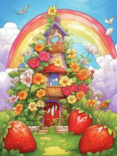 Pskgbxmu Vorgedruckt Kreuzstich Set Regenbogen-Erdbeerhaus DIY Stickvorlagen 11CT Stickbilder Zum Sticken Starter Set FüR Erwachsene Kinder AnfäNger 40x50 cm von Pskgbxmu