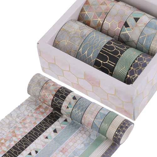 10 Rollen Washi Tape Set, Klebeband Bunt Geometrische Dekoration Washitape Masking Tape Goldene Foliendruck Paper Tape für Verschönert Journals Karten Scrapbooking DIY-Kunsthandwerk (20mm, 15mm, 10mm) von Psyqtsuary