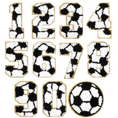 11 x Fußball-Chenille-Buchstaben-Aufnäher zum Aufbügeln für Kleidung, Fußball-Stil, 0–9, Zahlen, goldene Kanten, Chenille, bestickt, zum Aufbügeln und Aufnähen, Applikation, Sport-Patches, Chenille von Psyqtsuary