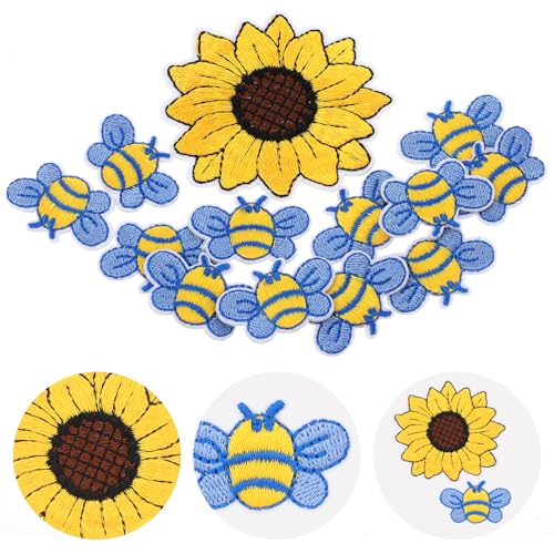 14 Stück Bienenaufnäher zum Aufbügeln für Kleidung, Sonnenblumen-Stickerei-Flicken zum Aufbügeln und Aufnähen, Applikationen, Verzierungen, Blumen, zum Aufbügeln, niedliche Applikationen, von Psyqtsuary